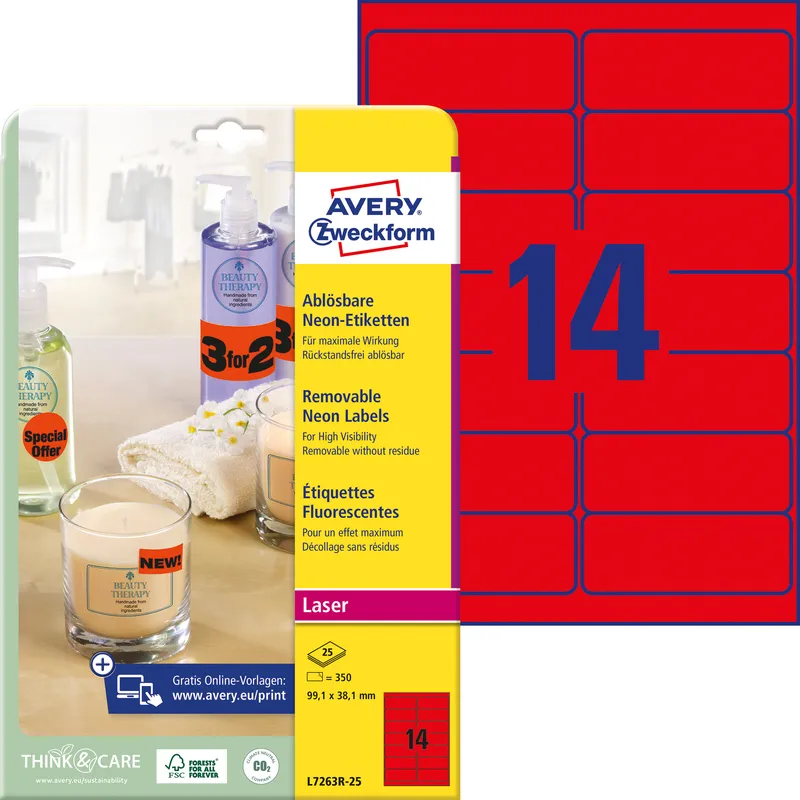 Avery Zweckform étiquettes d'indication -99.1x38.1mm  rouge fluorescent