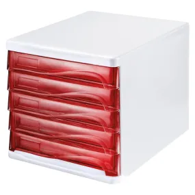 Bloc de rangement - 5 tiroirs - blanc et rouge transparent