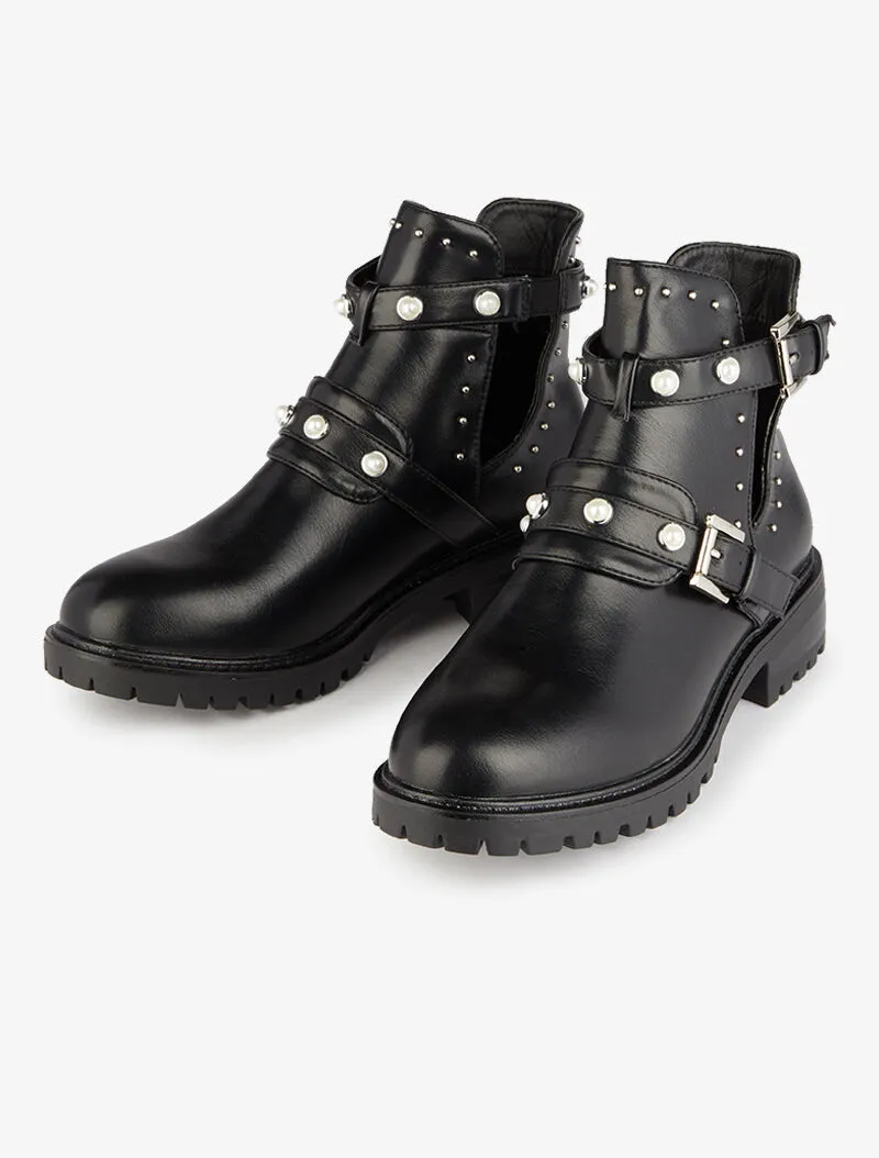 Bottines ajourées à détails cloutés et perlés - Noir