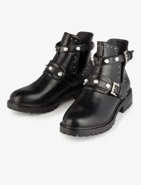 Bottines ajourées à détails cloutés et perlés - Noir