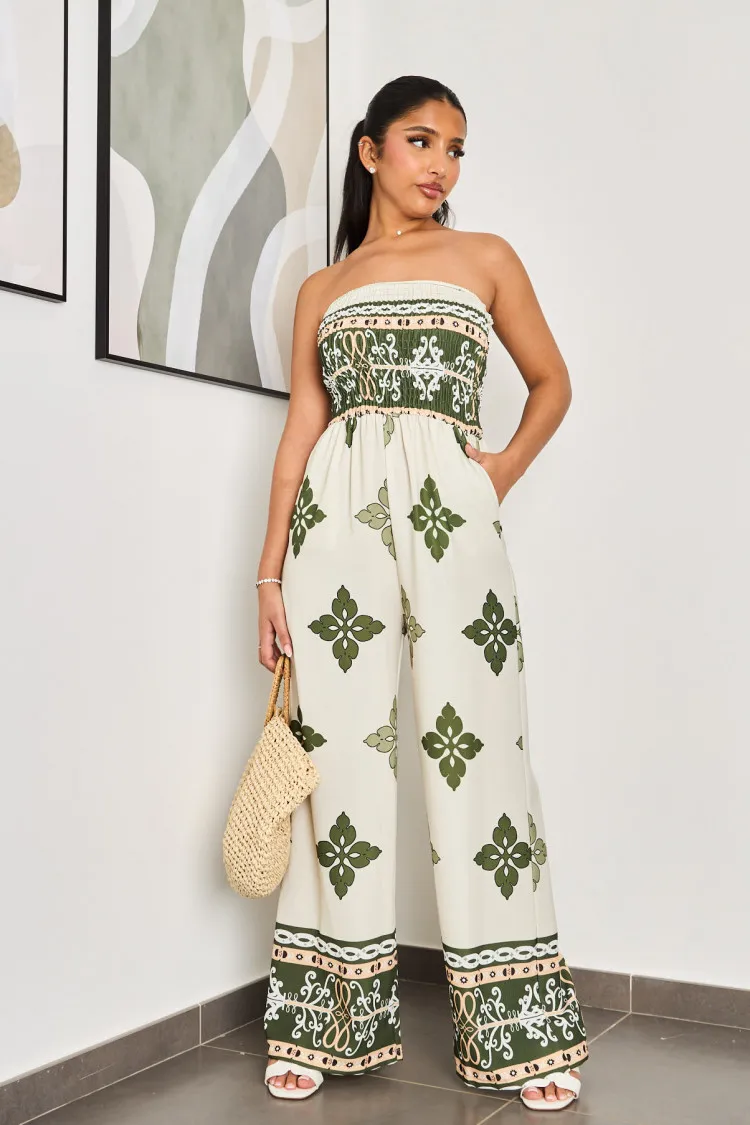 Combinaison bustier kaki et beige à motif