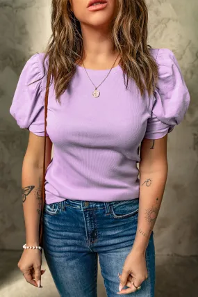 Haut en tricot ctelé à manches bouffantes torsadées Rose