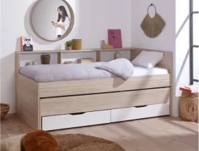 Lit gigogne avec rangement 90x190 WALLIS - Blanc/Bois multicolore - Chambrekids