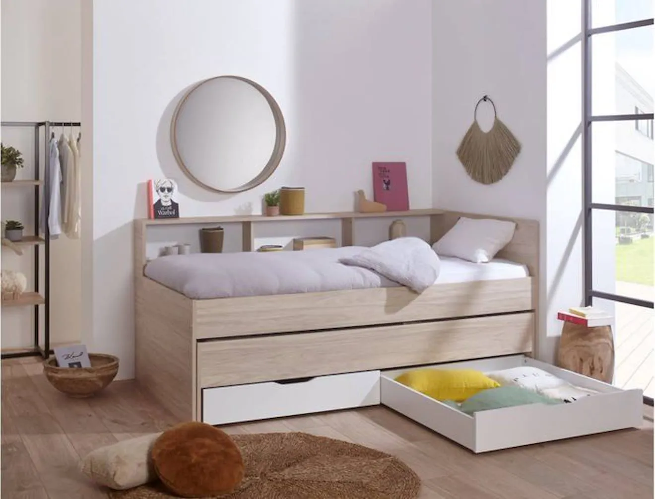 Lit gigogne avec rangement 90x190 WALLIS - Blanc/Bois multicolore - Chambrekids