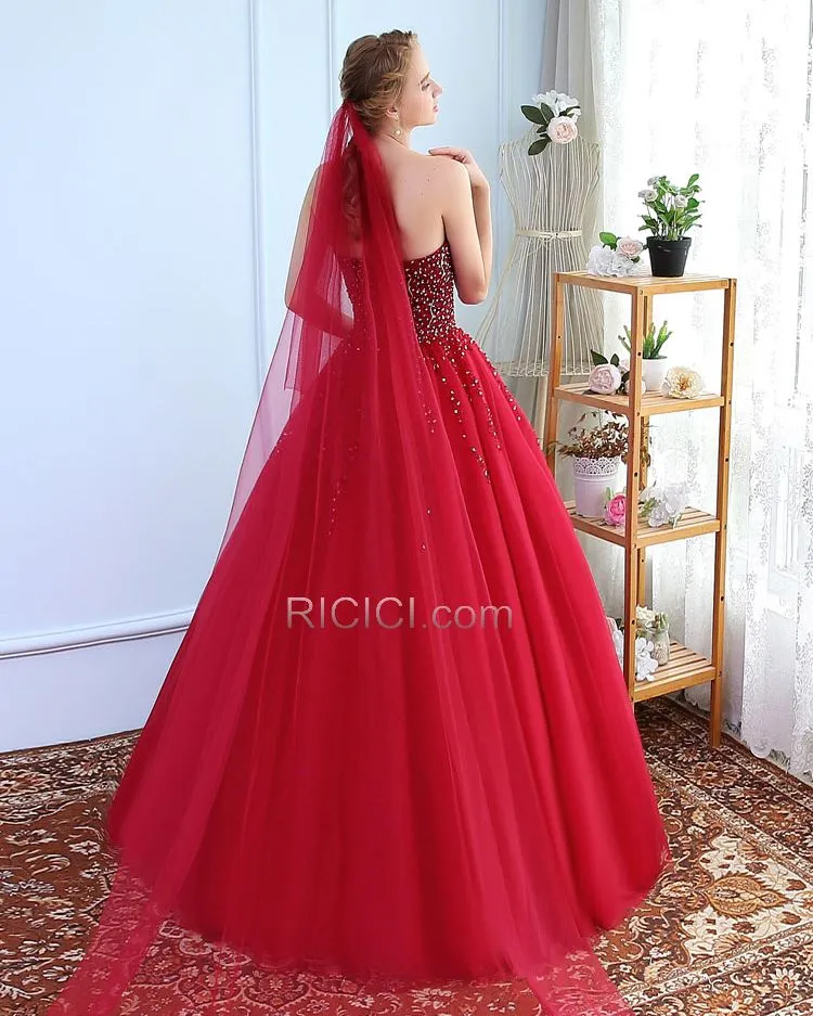 Longue Scintillantes Sexy Perlage Dos Nu Belle Robe De Ceremonie De Bal Quinceanera Rouge Tulle Sans Manches
