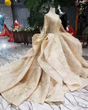 Manche Longue Boule Appliques Dentelle Glitter Paillette Robe De Mariée