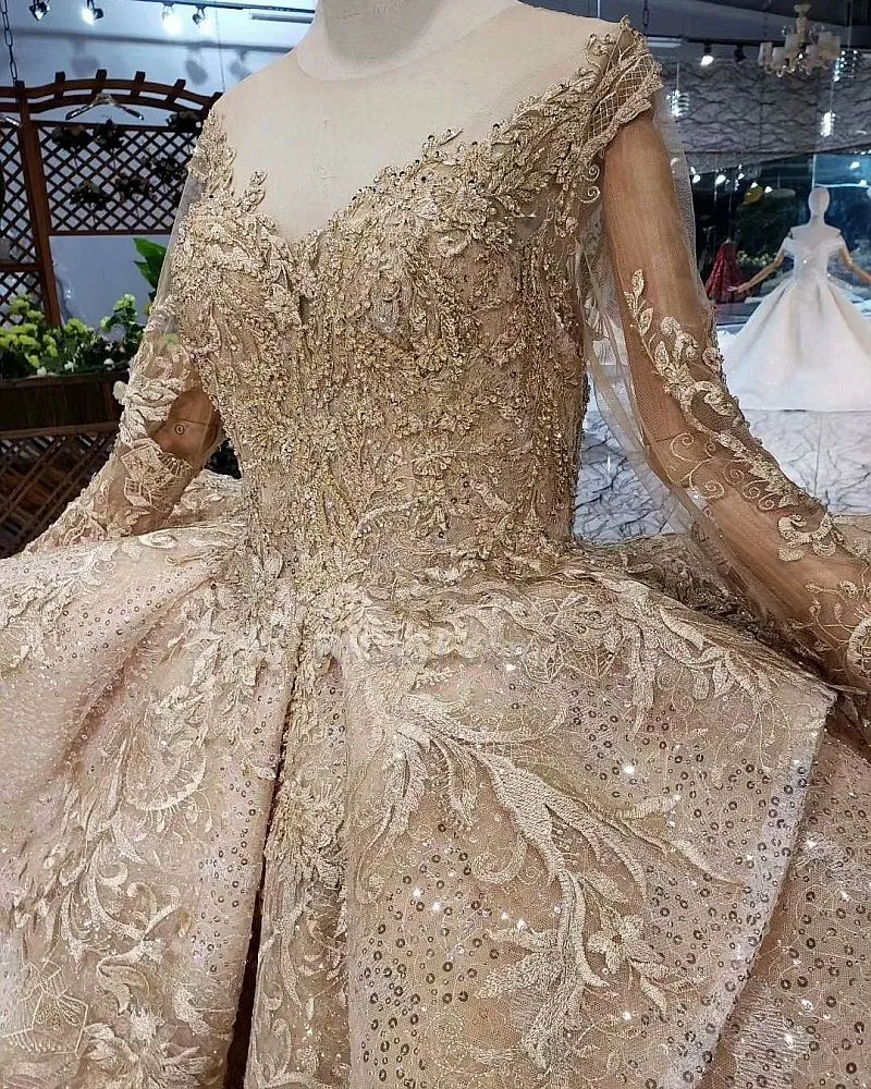 Manche Longue Boule Appliques Dentelle Glitter Paillette Robe De Mariée