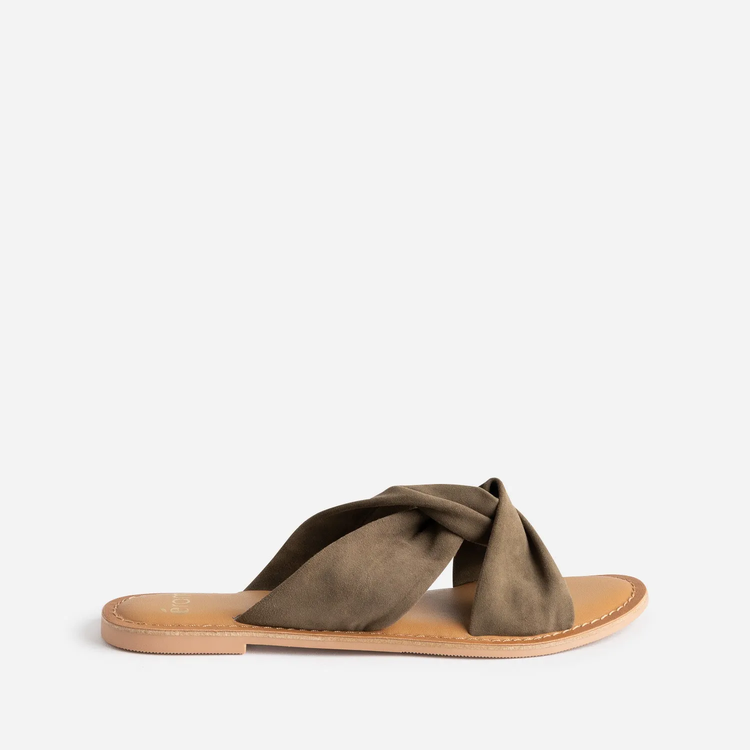 Mule TEXTO kaki cuir velours brides souples croisées - Mules / Tongs Femme | ERAM