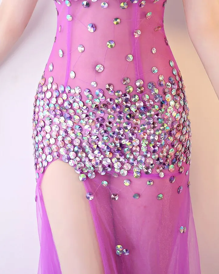 Paillette Robe Gala Robe De Bal Brillante Transparente Lilas Décolleté Dos Nu Robe Club Sexy Fendue