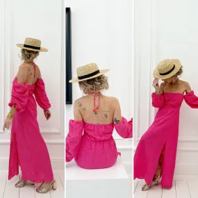 Robe rose broderie encolure bardot