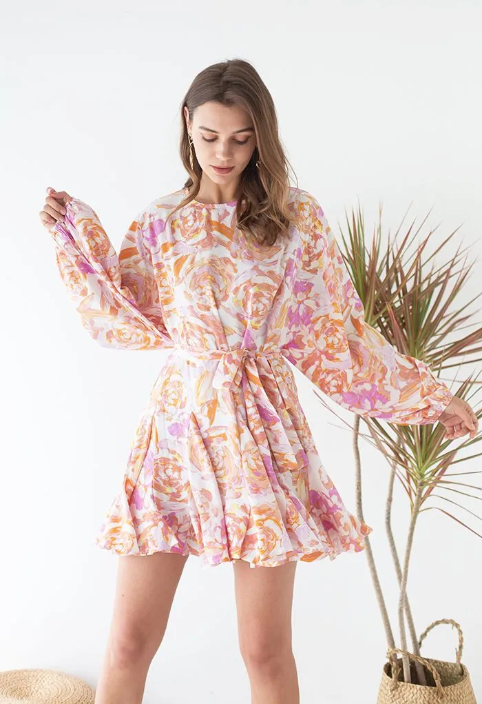 Robe Rose Peinture à Manches Bulles et Volants