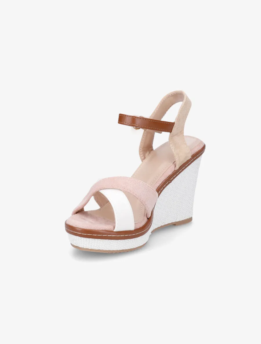Sandales compensées croisées bi-matière - Rose/beige