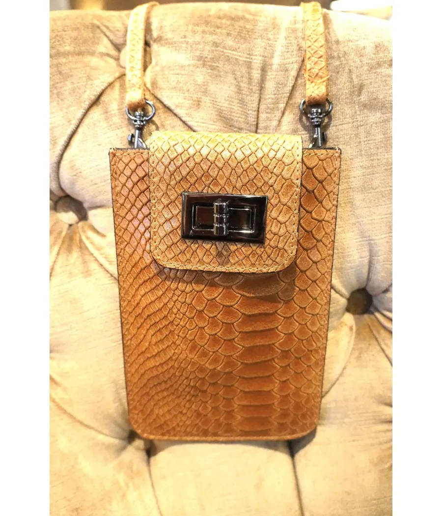 SANTAIA ETUI POCHETTE SMARTPHONE CUIR  ITALIE EFFET CROCO MARRON CAMEL